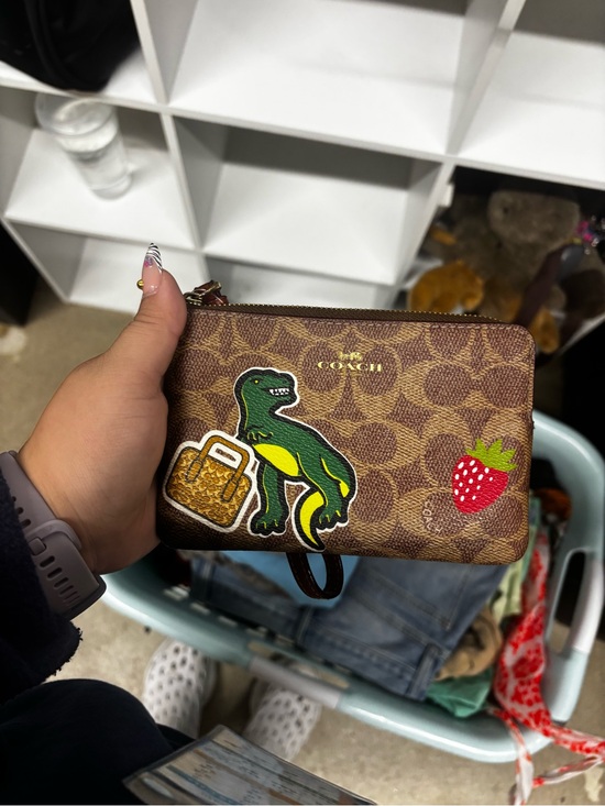 Coach Handbags - Coach Brown Signature Wristlet with Green Dino & Red Strawberry Patches